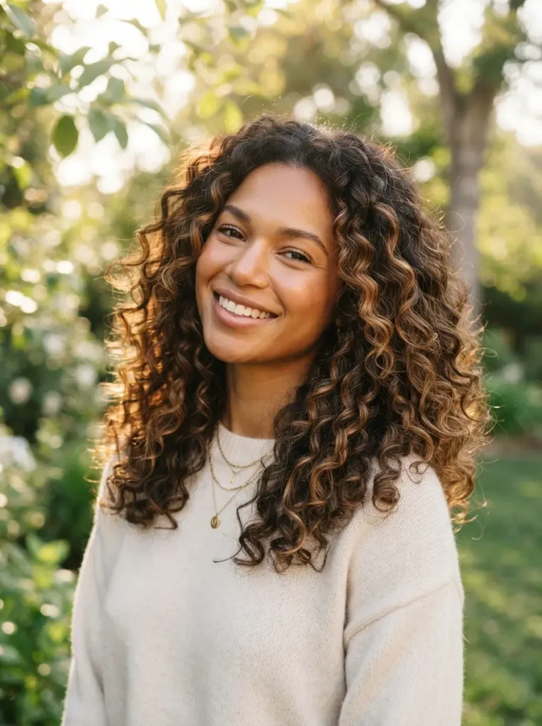 Caramel Highlights on Curly Brown Hair