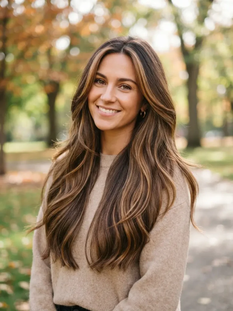  Caramel Highlights on Long Layered Brown Hair
