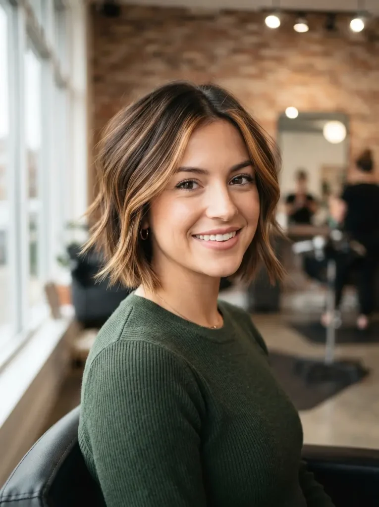 Caramel Highlights on Short Layered Hair