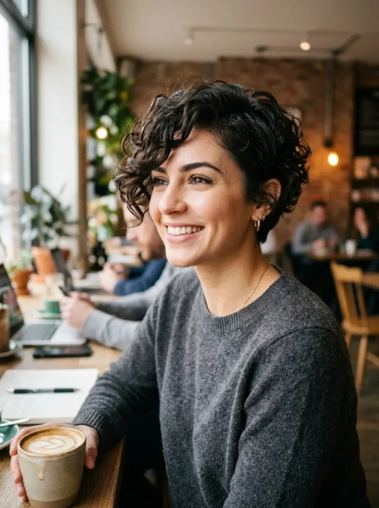 Curly Pixie with Side-Swept Bangs