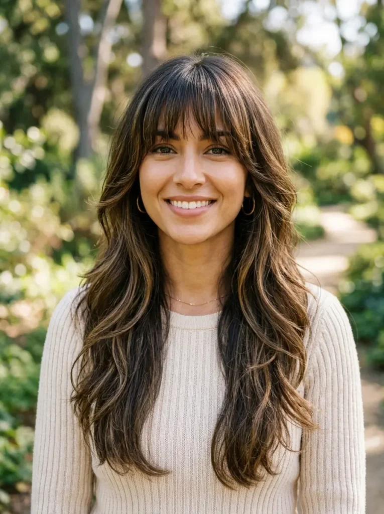 Long Layered Hair with Arched Bangs