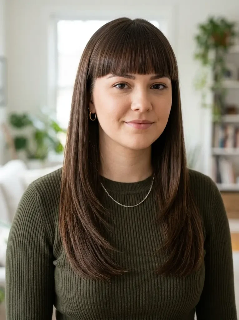 Long Straight Layers with Blunt Bangs