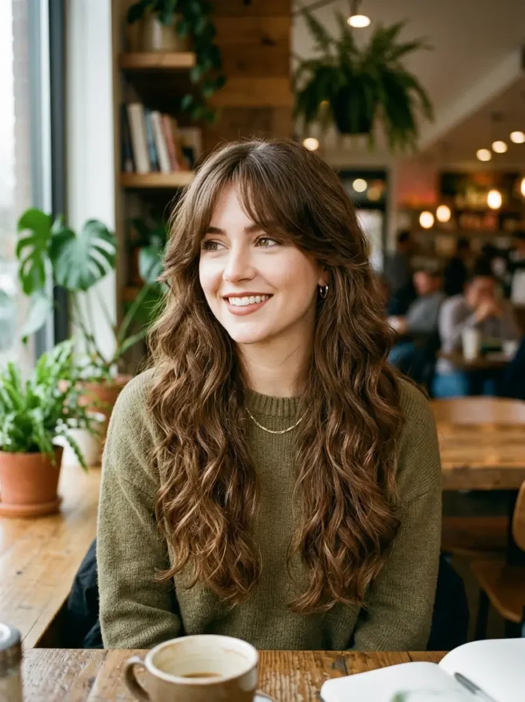 Long Wavy Layers with Curtain Bangs