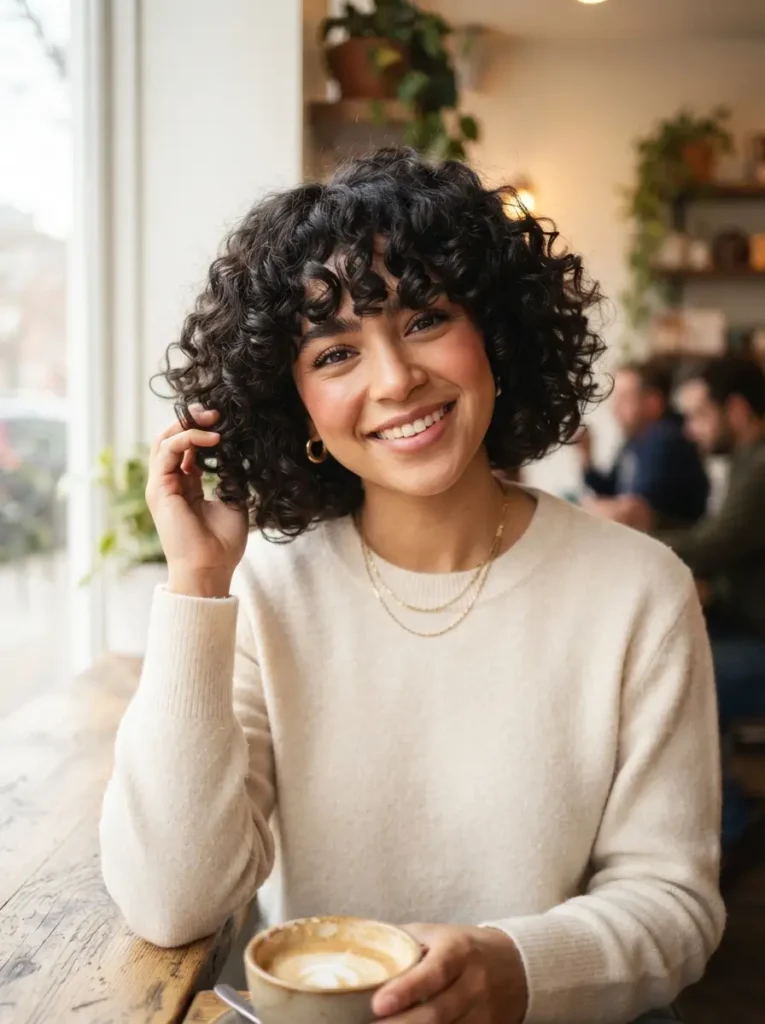 Short Curly Bob with Deep Bangs